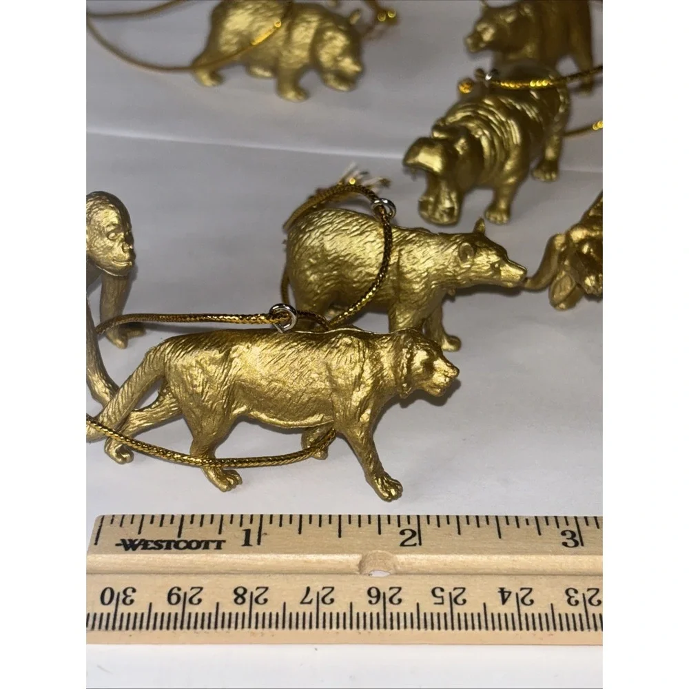 14 Vintage Miniture Gold Plastic Safari Barn Animals Christmas Ornaments 2